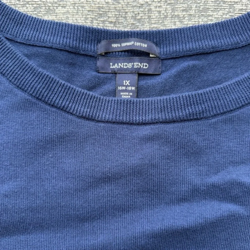 Lands' End Supima‎ Cotton Sweater Women 1X Blue Crewneck Lightweight Pullover